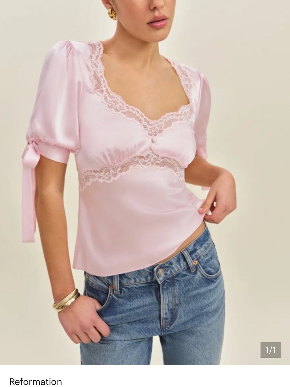 NWT Reformation Pale Pink Satin Lace-Trim Top
